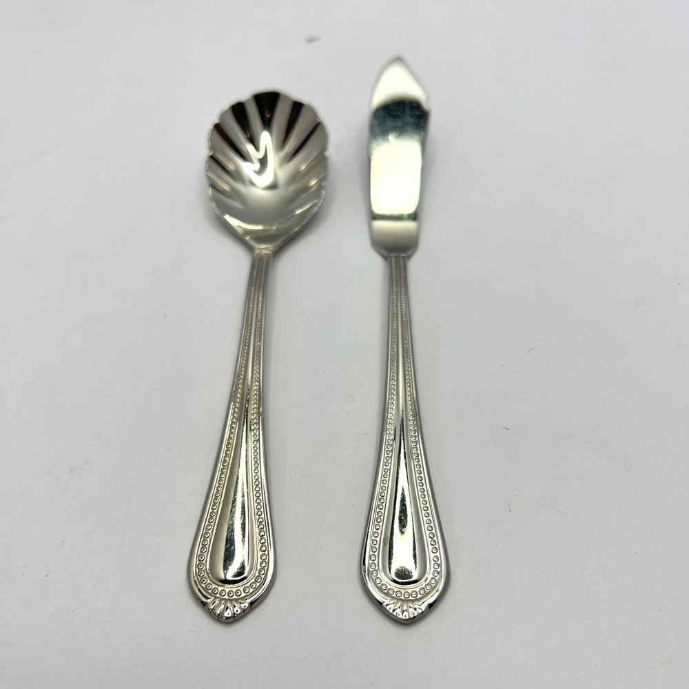 Wallace Silver Chatham Bead Sugar Shell Spoon and Butter Spreader Set‎ Stainless